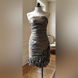 Strapless Ruched Cocktail Dress with Floral Hem